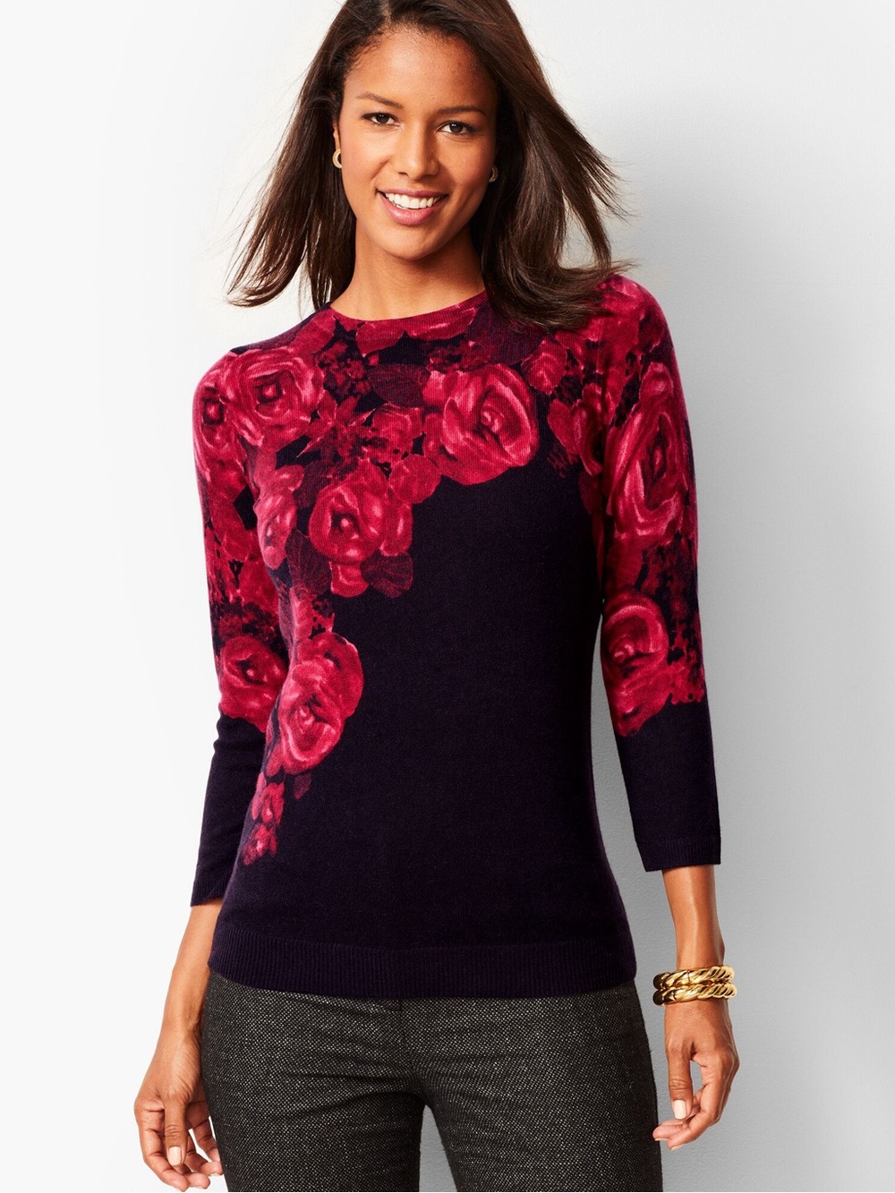 Talbots Audrey Floral 100% Cashmere Crewneck Sweater Black Red Rose Print Small